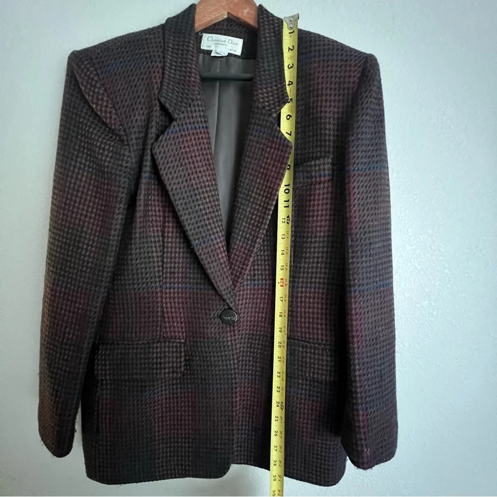 Vintage Christian Dior Women’s Wool Plaid Blazer Size 8 Dark Red